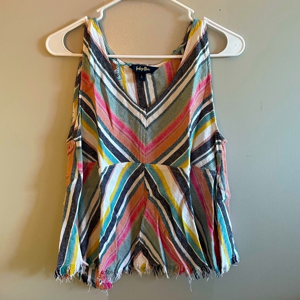 Cute flowy beach tank top with part of lower back out from Indigo Rein.
